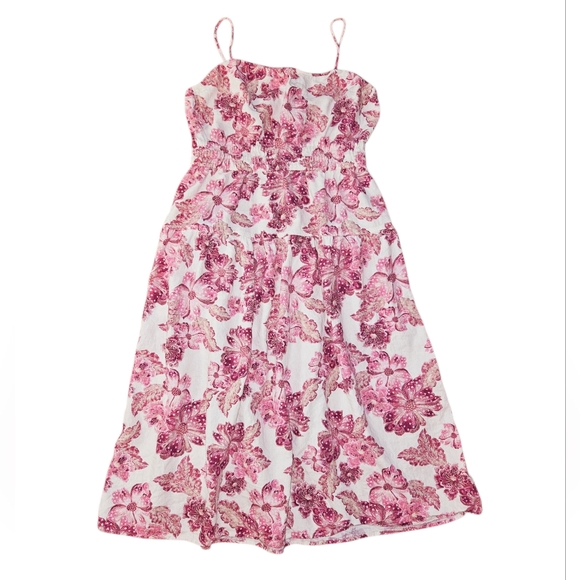 Linen Blend Floral White Pink Summer Dress Women's L - Picture 2 of 8